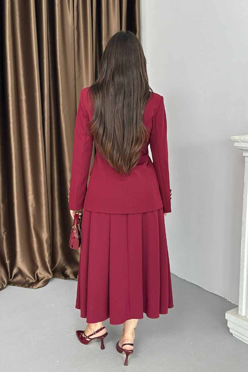 Kadın İkili Takım Şık Düğme Detaylı Dik Yaka Blazer Ceket Uzun Etek Takım