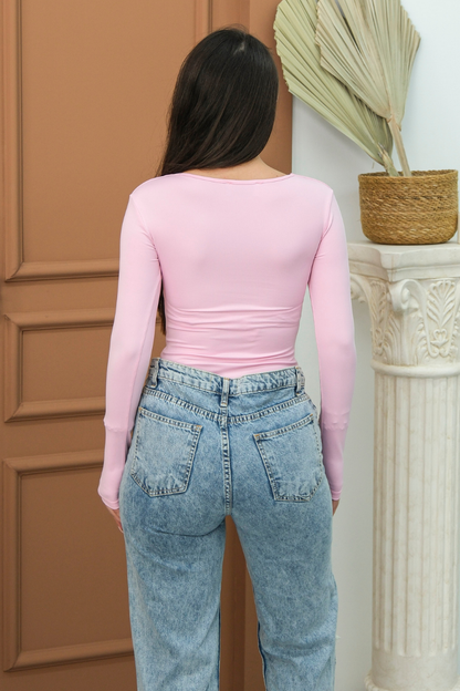 Kadın Body Uzun Kollu Kare Yaka Alttan Çıtçıtlı Slim Fit Bluz