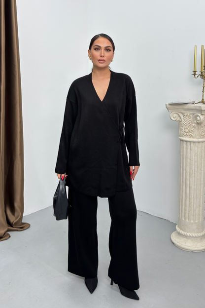 Kadın İkili Alt Üst Takım Triko Yandan Bağcıklı Kruvaze Hırka Bol Paça Pantolon Örme Takım