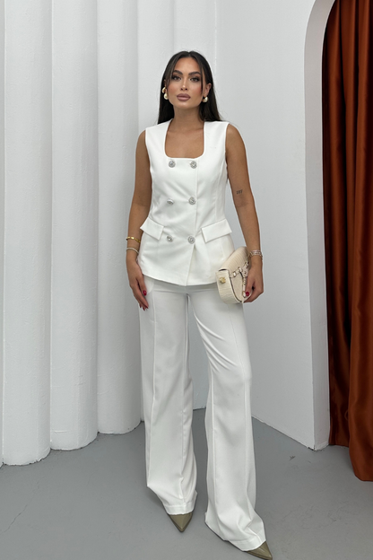 Kadın İkili Alt Üst Takım Şık Düğme Detaylı Kare Yaka Yelek Pantolon Takım