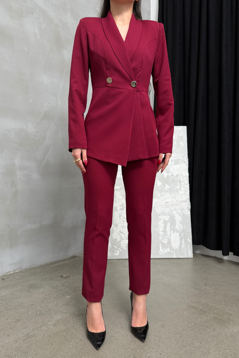 Kadın İkili Blazer Ceket Pantolon Takım Pile ve Düğme Detaylı Boru Paça