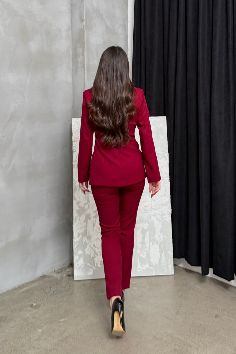 Kadın İkili Blazer Ceket Pantolon Takım Pile ve Düğme Detaylı Boru Paça