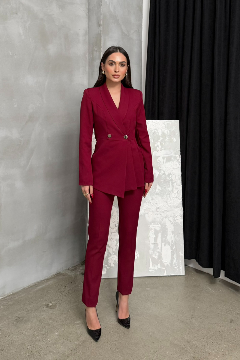 Kadın İkili Blazer Ceket Pantolon Takım Pile ve Düğme Detaylı Boru Paça