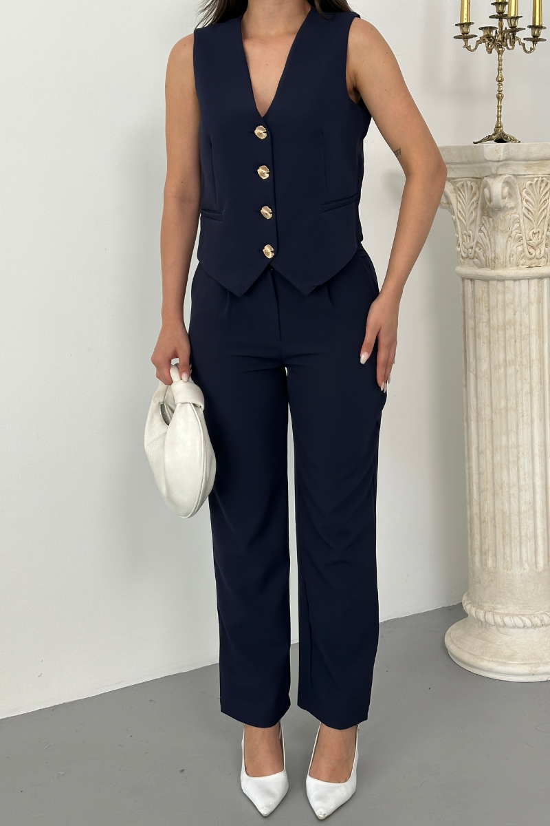 Kadın Alt Üst Takım Şık Gold Düğme Detaylı V Yaka Yelek Pantolon Takım