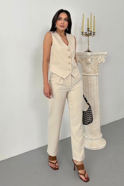Kadın Alt Üst Takım Şık Gold Düğme Detaylı V Yaka Yelek Pantolon Takım
