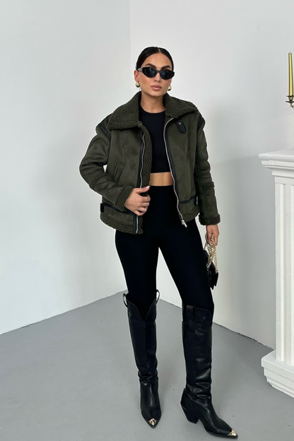 Kadın Süet Mont İçi Kürklü Fermuarlı Cepli Yaka ve Kol Detaylı Premium Regular Ceket