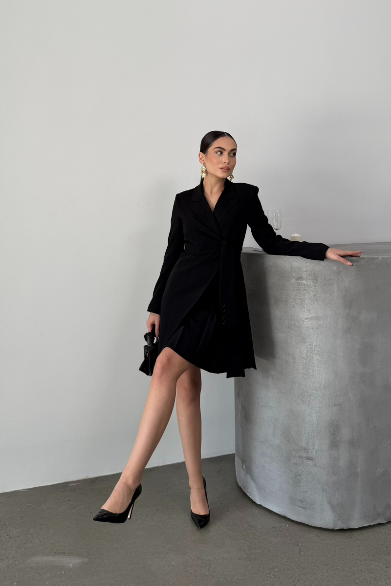 Kadın Elbise Mini Şık Uzun Kollu Kuşaklı Kruvaze Yaka Pileli Ceket Elbise