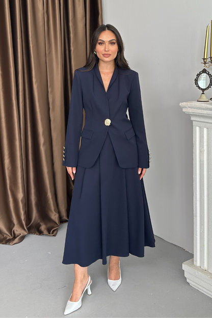 Kadın İkili Takım Şık Düğme Detaylı Dik Yaka Blazer Ceket Uzun Etek Takım