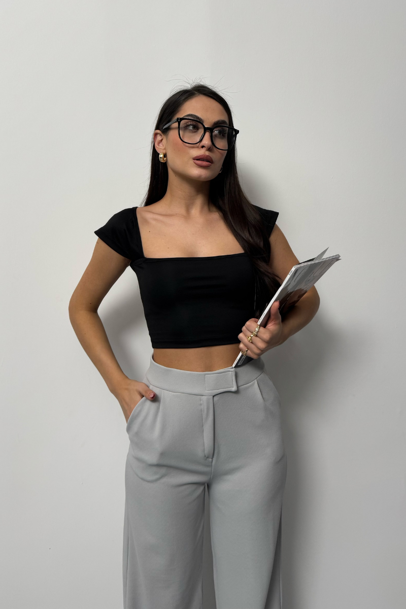 Kadın Crop Tişört Kısa Kollu Kare Yaka Basic Tişört