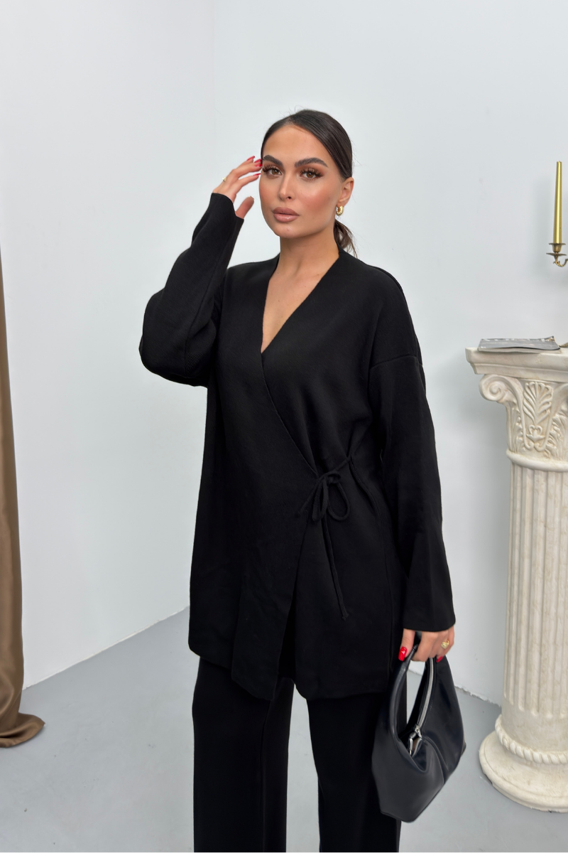 Kadın İkili Alt Üst Takım Triko Yandan Bağcıklı Kruvaze Hırka Bol Paça Pantolon Örme Takım