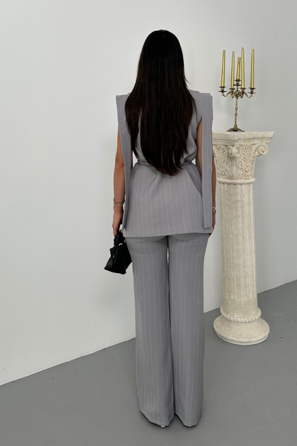 Kadın Alt Üst İkili Takım Çizgili Omuz Detaylı Kuşaklı Yelek Pantolon Takım