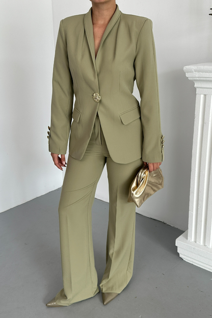 Kadın İkili Takım Şık Düğme Detaylı Dik Yaka Blazer Ceket Bol Paça Pantolon Takım