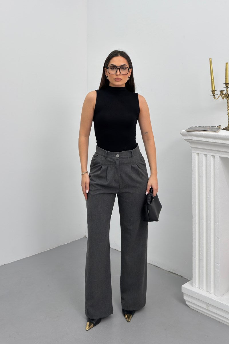 Kadın Pantolon Beli Bağcıklı Pile Detaylı Çift Cepli Bol Paça Pantolon