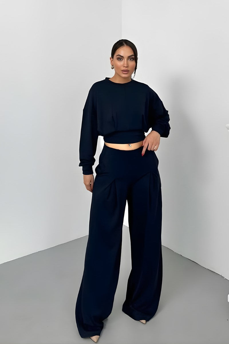 Kadın İkili Alt Üst Takım Modal Kumaş Düşük Omuz Bisiklet Yaka Crop Üst Piliseli Yüksek Bel Geniş Paça Cepli Pantolon Takım