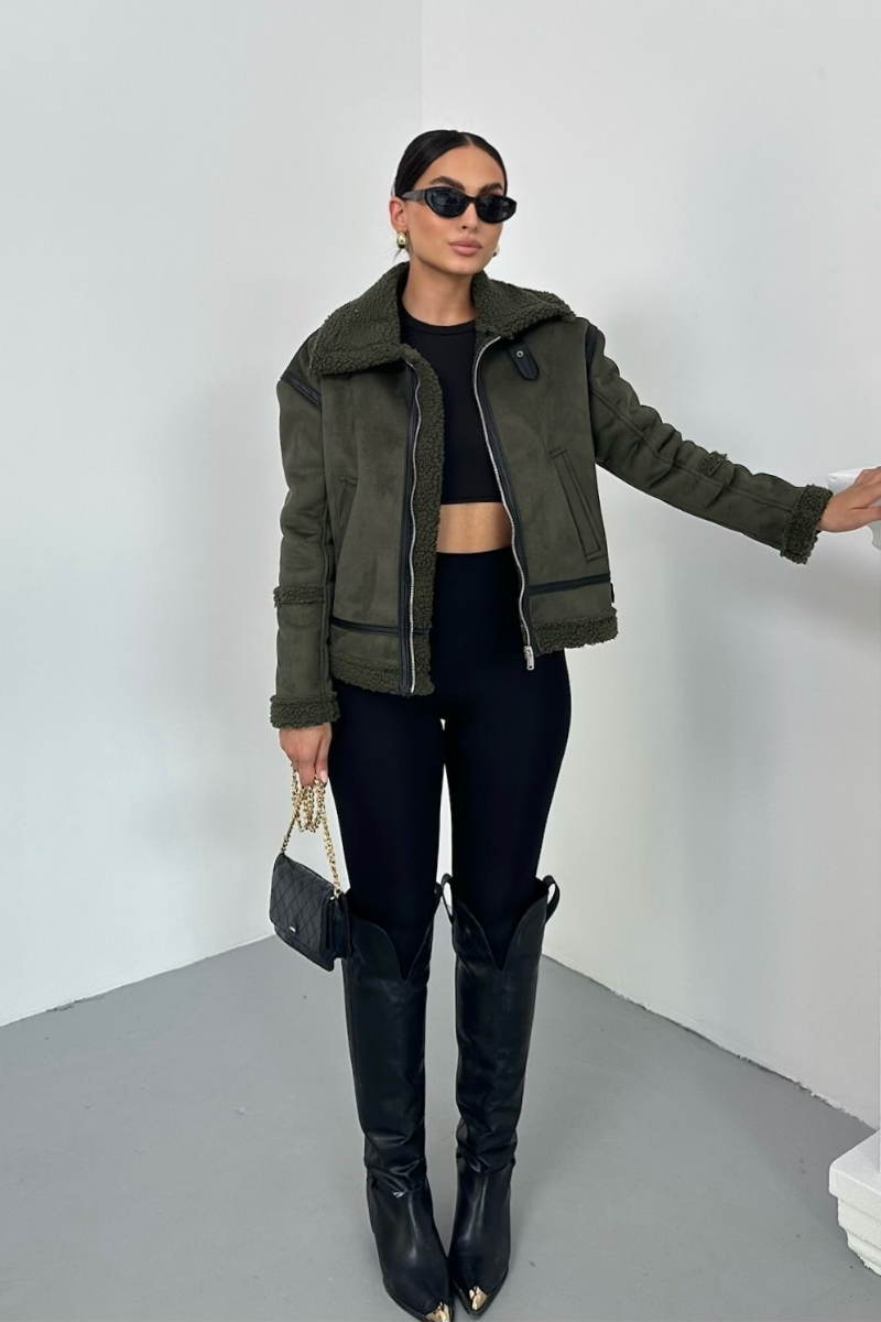 Kadın Süet Mont İçi Kürklü Fermuarlı Cepli Yaka ve Kol Detaylı Premium Regular Ceket