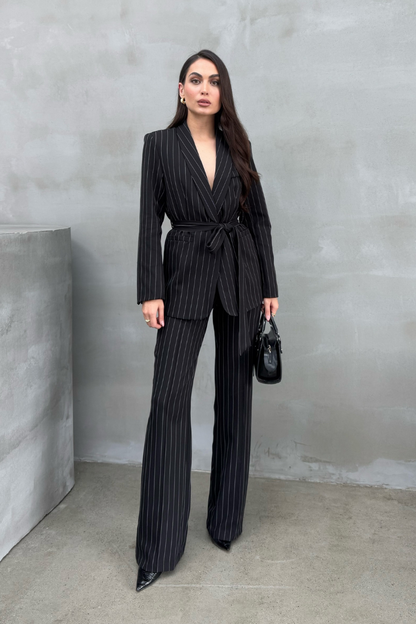 Kadın Çizgili Kuşaklı Blazer Ceket Pantolon Takım