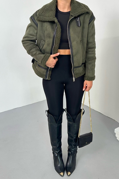 Kadın Süet Mont İçi Kürklü Fermuarlı Cepli Yaka ve Kol Detaylı Premium Regular Ceket