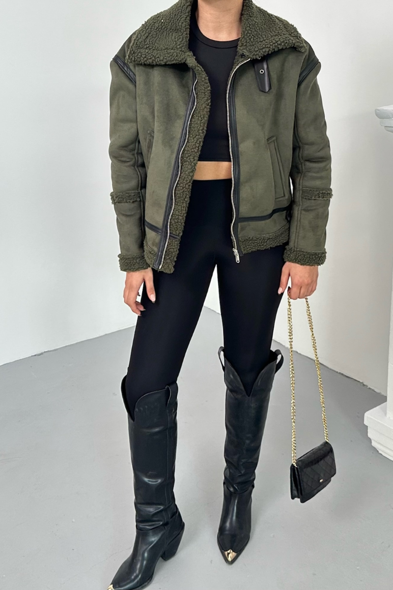 Kadın Süet Mont İçi Kürklü Fermuarlı Cepli Yaka ve Kol Detaylı Premium Regular Ceket