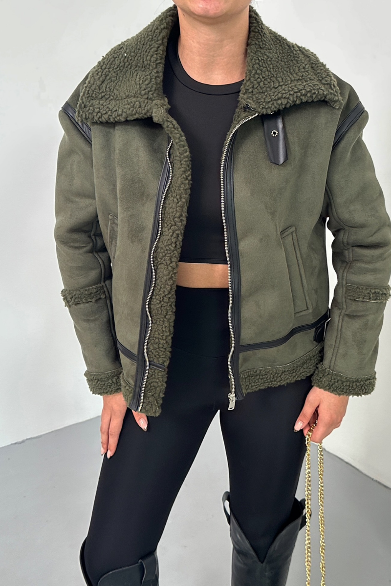 Kadın Süet Mont İçi Kürklü Fermuarlı Cepli Yaka ve Kol Detaylı Premium Regular Ceket