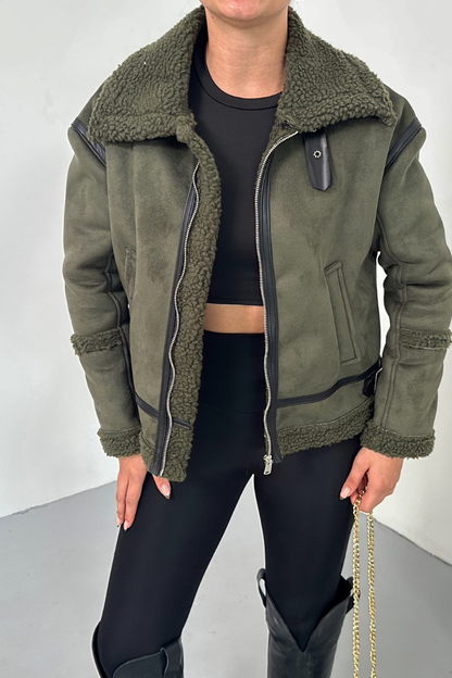 Kadın Süet Mont İçi Kürklü Fermuarlı Cepli Yaka ve Kol Detaylı Premium Regular Ceket