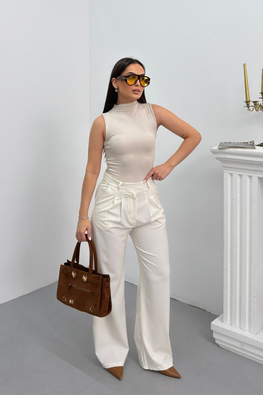 Kadın Pantolon Beli Bağcıklı Pile Detaylı Çift Cepli Bol Paça Pantolon