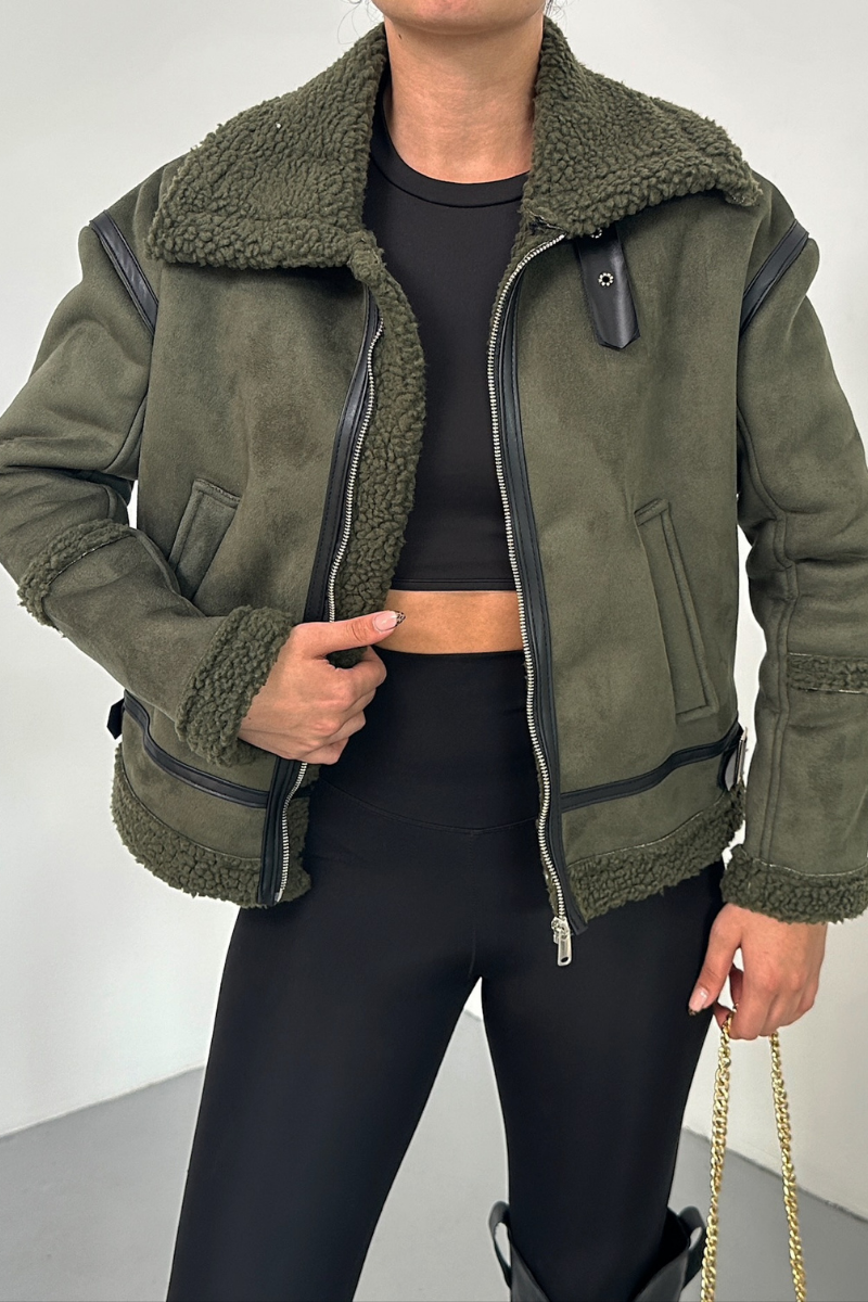 Kadın Süet Mont İçi Kürklü Fermuarlı Cepli Yaka ve Kol Detaylı Premium Regular Ceket