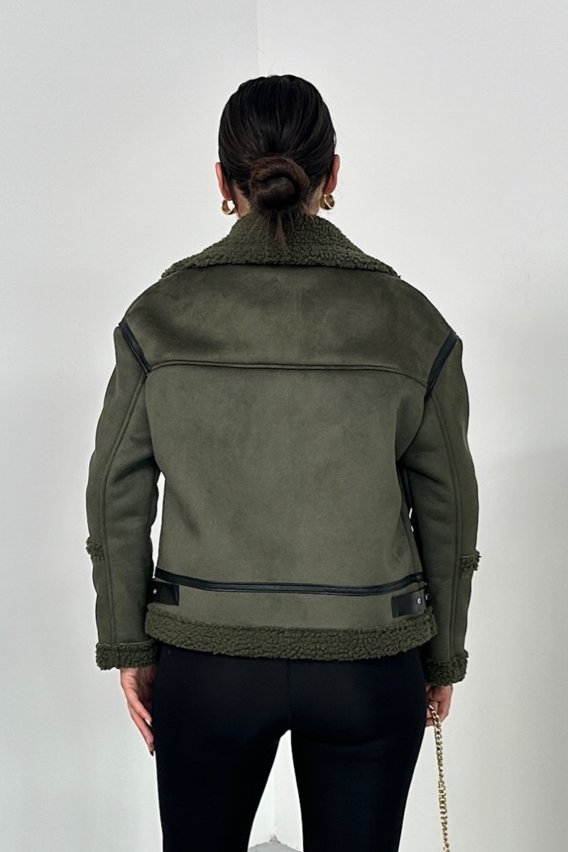 Kadın Süet Mont İçi Kürklü Fermuarlı Cepli Yaka ve Kol Detaylı Premium Regular Ceket