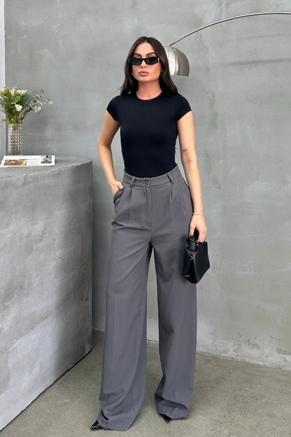 Kadın Palazzo Pantolon Düğmeli Çift Cepli Bol Paça Pantolon