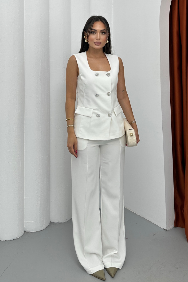 Kadın İkili Alt Üst Takım Şık Düğme Detaylı Kare Yaka Yelek Pantolon Takım