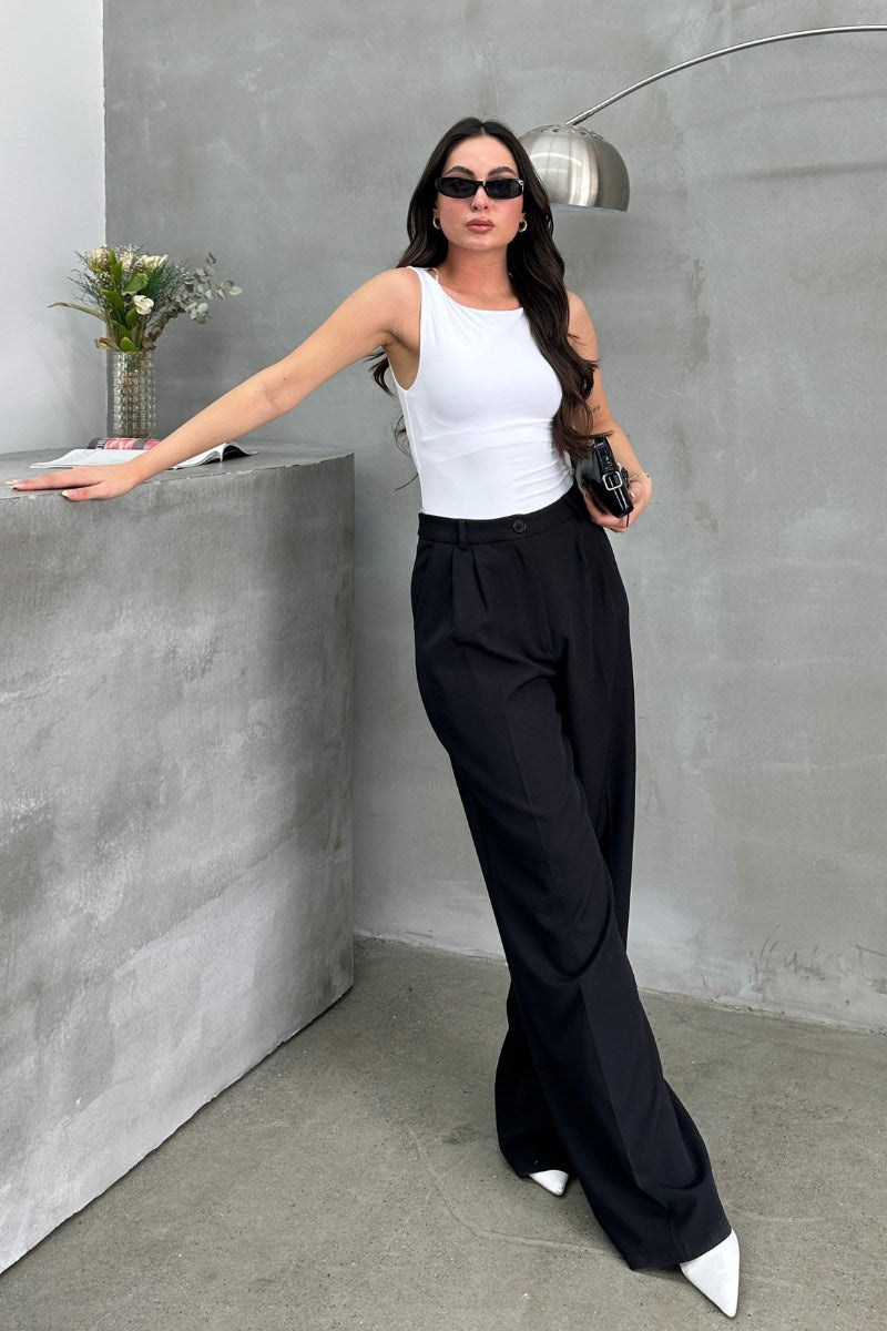 Kadın Palazzo Pantolon Düğmeli Çift Cepli Bol Paça Pantolon