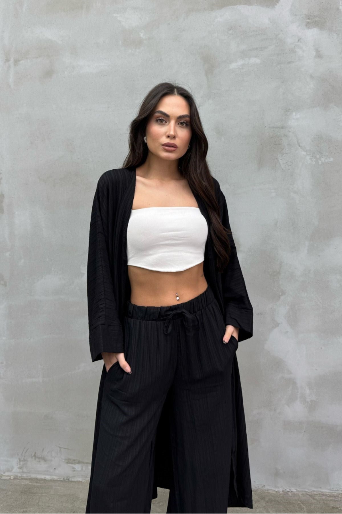 Kadın Yırtmaçlı Gofre Ikili Kimono Takım