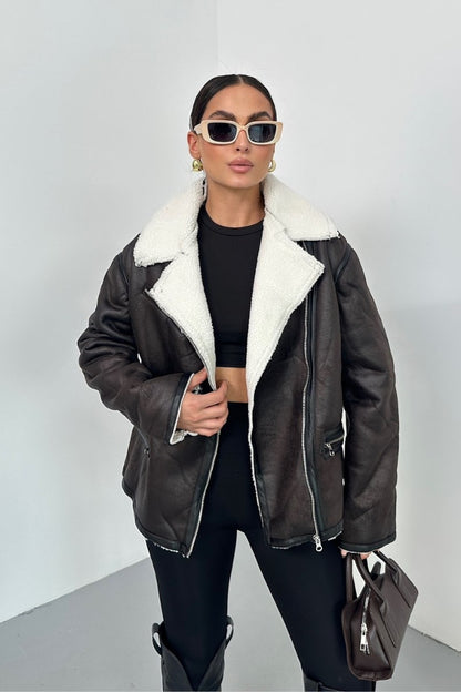 Kadın Mont İçi Kürklü Lamine Kruvaze Fermuarlı Cepli Oversize Ceket