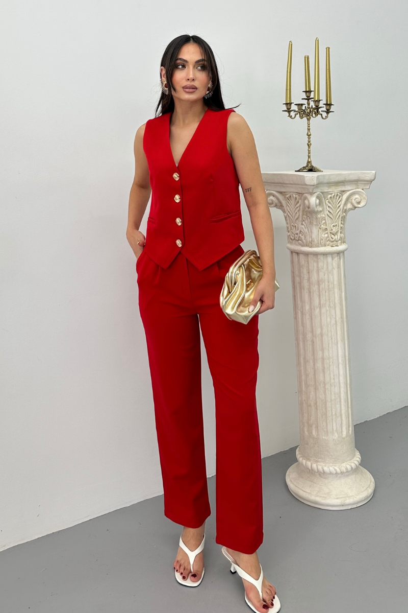 Kadın Alt Üst Takım Şık Gold Düğme Detaylı V Yaka Yelek Pantolon Takım