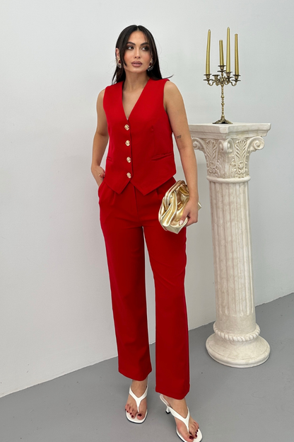 Kadın Alt Üst Takım Şık Gold Düğme Detaylı V Yaka Yelek Pantolon Takım