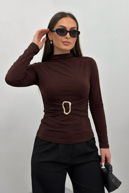 Kadın Bluz Uzun Kollu Beli Gold Toka Detaylı Sandy Kumaş Likralı Kısa Şık Bluz