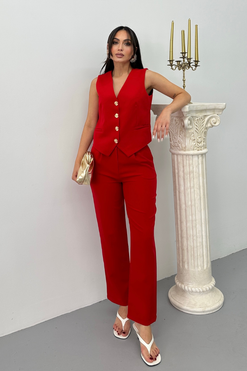 Kadın Alt Üst Takım Şık Gold Düğme Detaylı V Yaka Yelek Pantolon Takım