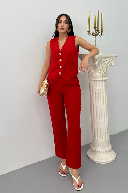 Kadın Alt Üst Takım Şık Gold Düğme Detaylı V Yaka Yelek Pantolon Takım