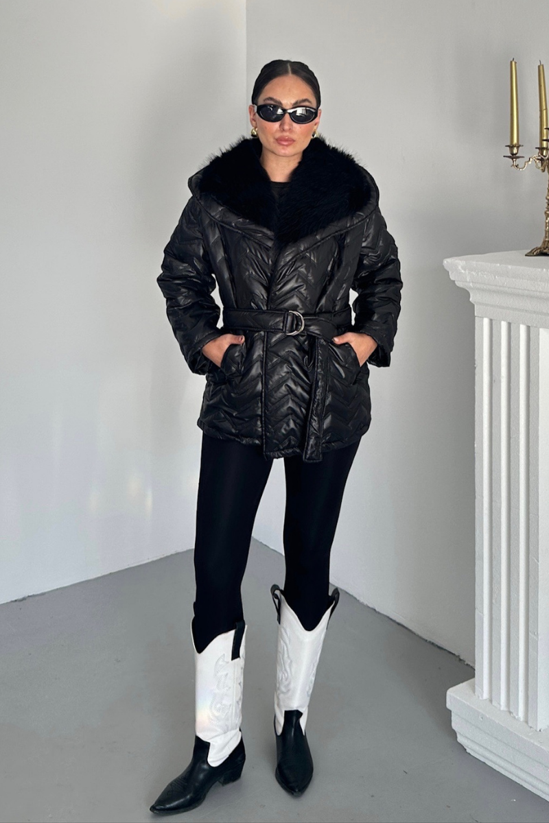 Kadın Şişme Mont Geniş Yaka Kemerli İçi Kürklü Kapitone Mont