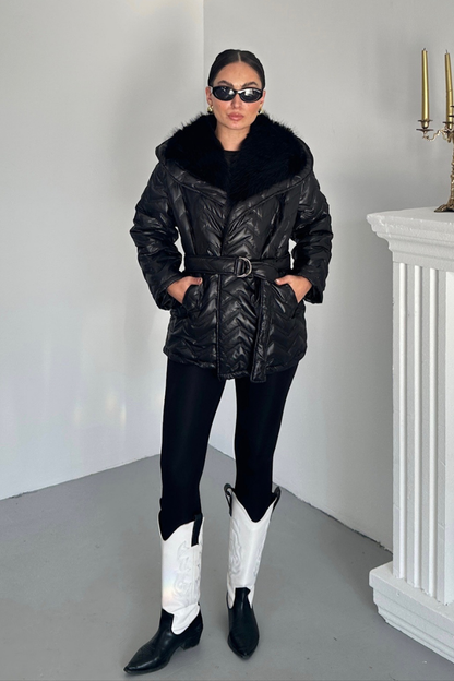 Kadın Şişme Mont Geniş Yaka Kemerli İçi Kürklü Kapitone Mont