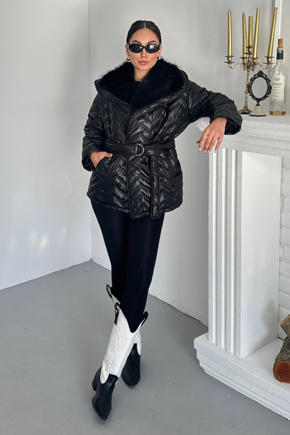 Kadın Şişme Mont Geniş Yaka Kemerli İçi Kürklü Kapitone Mont