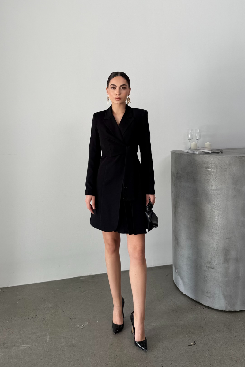 Kadın Elbise Mini Şık Uzun Kollu Kuşaklı Kruvaze Yaka Pileli Ceket Elbise