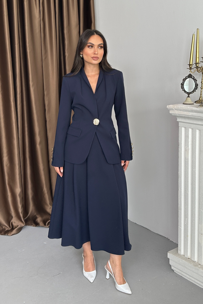 Kadın İkili Takım Şık Düğme Detaylı Dik Yaka Blazer Ceket Uzun Etek Takım