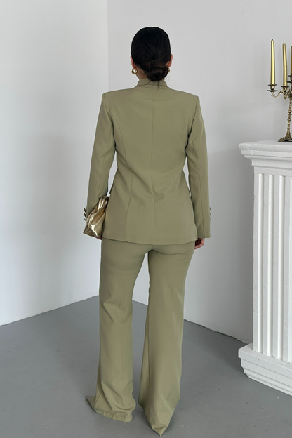 Kadın İkili Takım Şık Düğme Detaylı Dik Yaka Blazer Ceket Bol Paça Pantolon Takım