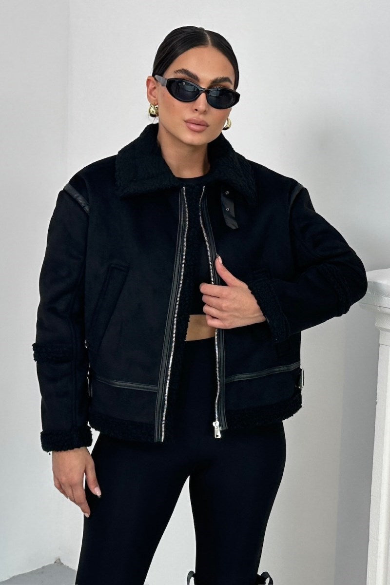 Kadın Süet Mont İçi Kürklü Fermuarlı Cepli Yaka ve Kol Detaylı Premium Regular Ceket