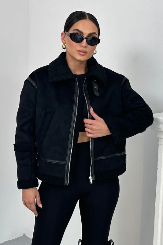 Kadın Süet Mont İçi Kürklü Fermuarlı Cepli Yaka ve Kol Detaylı Premium Regular Ceket