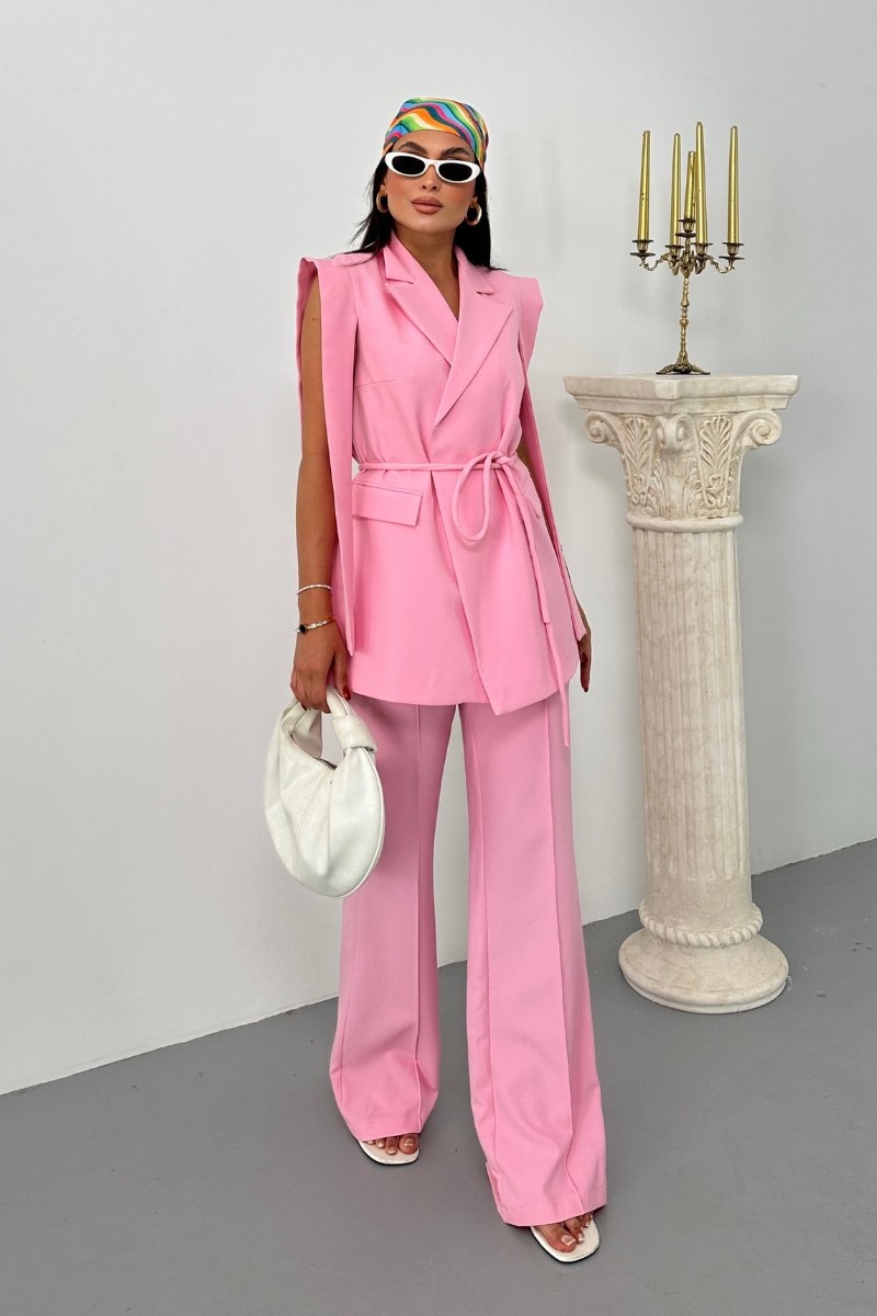 Kadın Alt Üst İkili Takım Omuz Detaylı Kuşaklı Yelek Pantolon Takım
