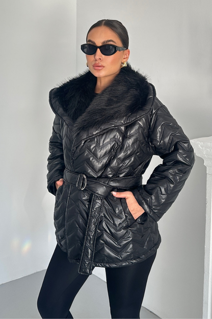 Kadın Şişme Mont Geniş Yaka Kemerli İçi Kürklü Kapitone Mont