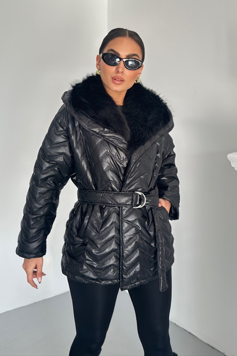 Kadın Şişme Mont Geniş Yaka Kemerli İçi Kürklü Kapitone Mont