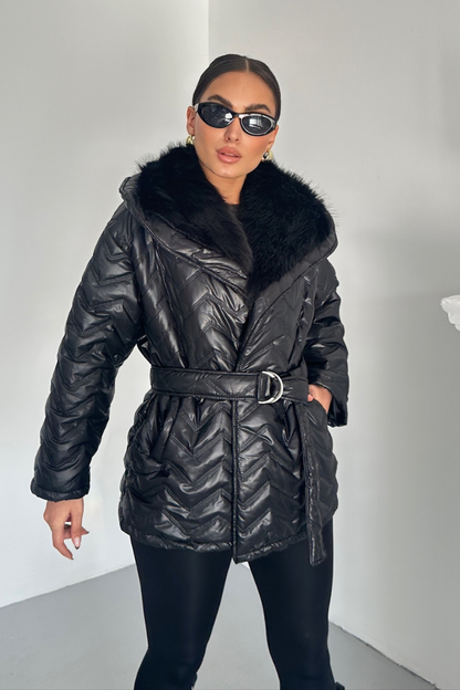 Kadın Şişme Mont Geniş Yaka Kemerli İçi Kürklü Kapitone Mont