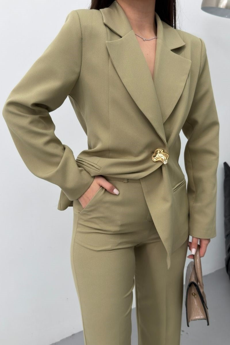 Kadın İkili Alt Üst Takım Şık Gold Düğmeli Fleto Cepli Blazer Ceket Bol Paça Pantolon Takım